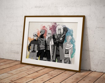 Naruto Shippuuden Poster, Naruto Poster, Minato, Jiraiya, Sarutobi, Hokages, Naruto Art, Anime Watercolor Poster