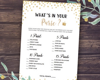 Whats in Your Purse Game, Printable Wedding Shower Game, Bridal Shower Games, Gold confetti and glitter, What's in your bag, Digital cards