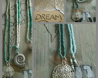 Long necklace glass beads sand dollar