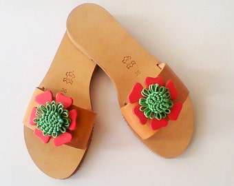 Women's Greek Leather Sandals Chic Sandals Red Flower
