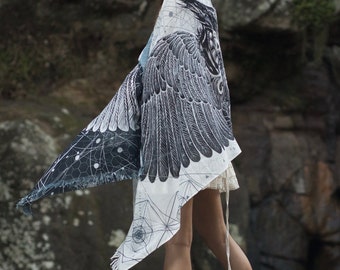Black and White Feather Bird Wings Pashmina Sarong Scarf, Totem Festival Shawl Gypsy Bohemian Clothing Nature Ajjaya Rave Art