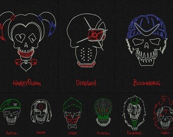 Сharacters and logo Suicide Squad - All 10 Skulls - minimalist style - Machine embroidery design - 12 folders for instant download