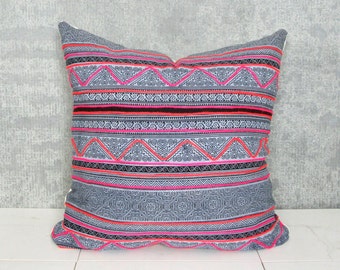 Thailand Hmong Textile Pillow Cover/Indigo Embroidered Decorative Throw Cushion Organic Hemp Ethnic Textile Hand Spun Loom Textile Boho Thai