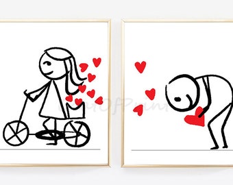 cat stick drawing couple  Etsy Stick figure