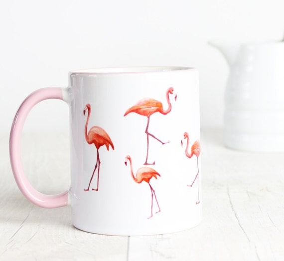 Flamingo mug pink handle with flamingos dotted around by missharry