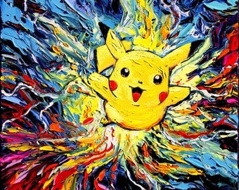 Pikachu Pokemon Art - Starry Night Giclee print van Gogh Never Caught Them All by Aja 8x8, 10x10, 12x12, 20x20, and 24x24 choose size