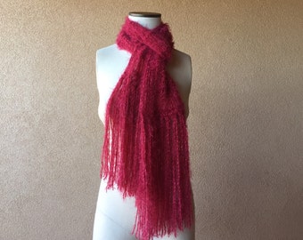 Long Red Scarf Red Long Scarf with Fringe, Red Scarf Hand Knit Red Scarf Dark Red Scarf
