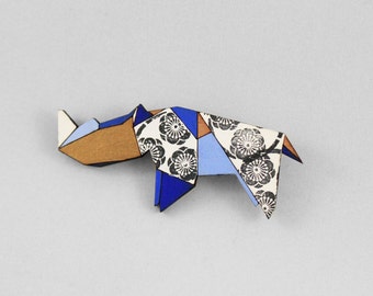Wooden Animal Brooch,Origami Rhino Brooch,Geometric Brooch,Origami Jewellery,Paper Anniversary Gift,Rhino Jewellery,Paper Brooch,Geometric