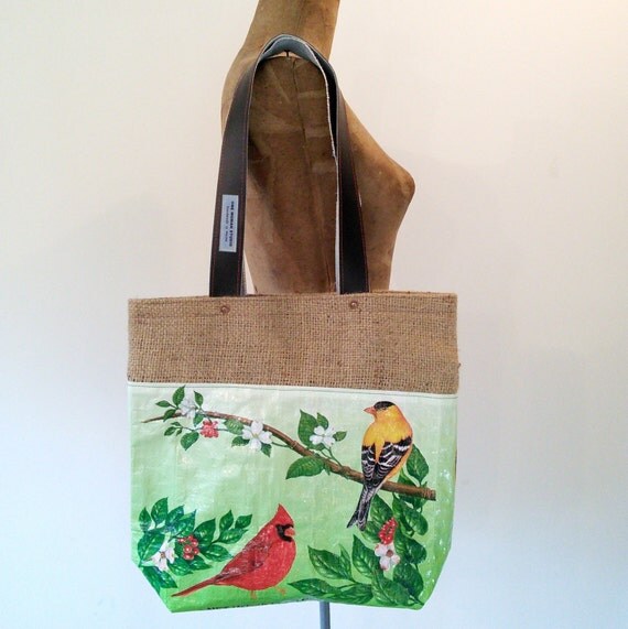 Tote Bag Recycled Bird Seed Bag burlaplined by OneWomanStudio