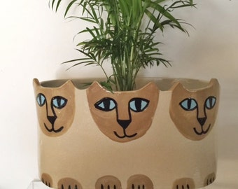 Custom Cat pottery planter: feline decor handmade jardiniere herb planter stoneware ready choose markings and sizes