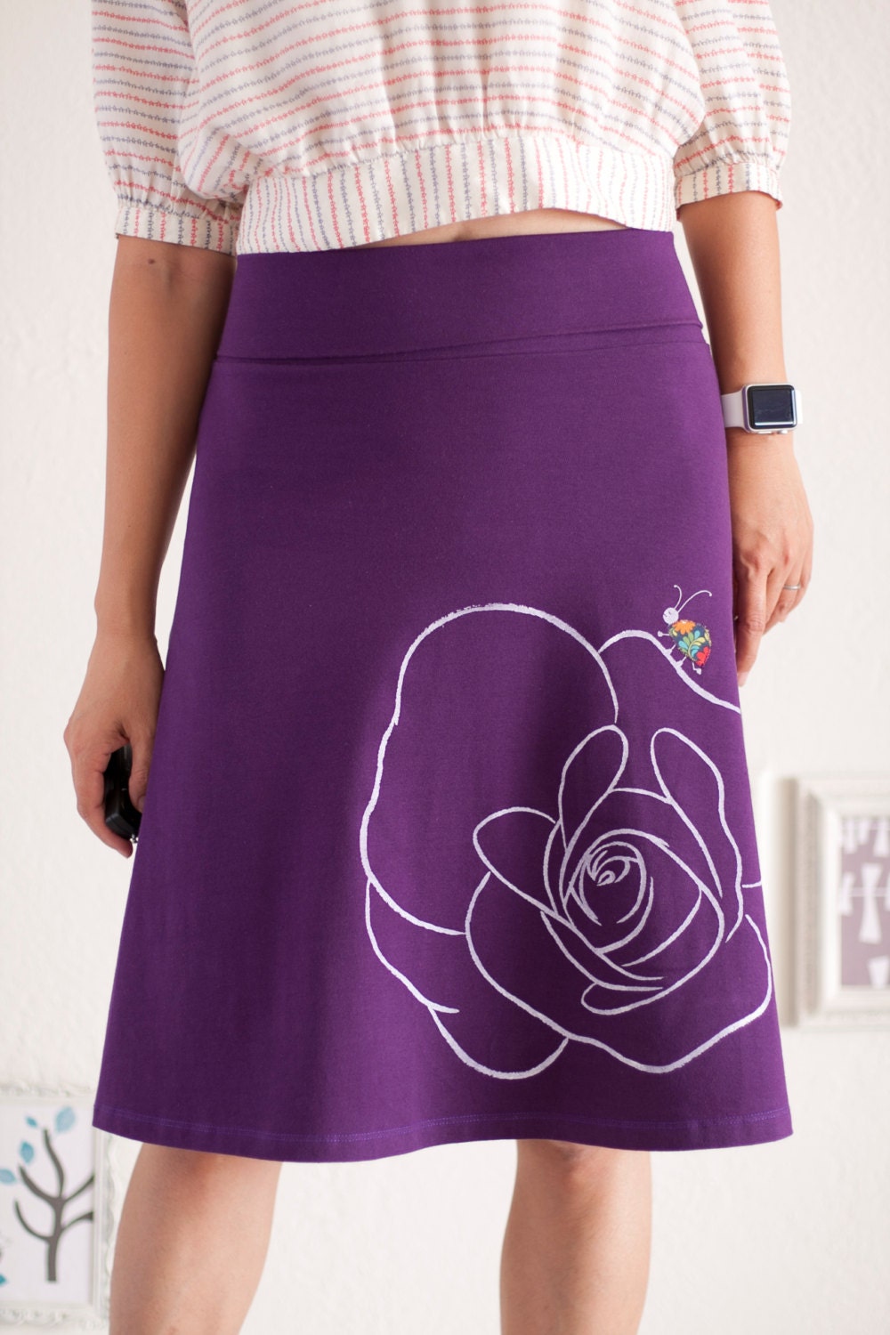 Jersey knit skirt Cotton A line Knee Length Purple Skirt with