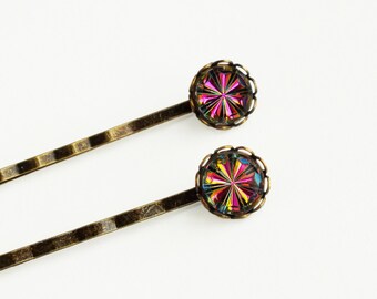 Rainbow Crystal Hair Pins Small Rainbow Glass Bobby Pins Vintage Iridescent Hot Pink Hairpins Victorian Vitrail Medium Jewels