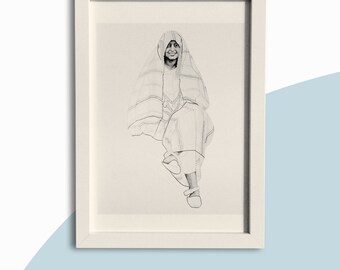 Wafa - Fine Art Giclee Print - 8 x 10 // Tunisian portrait in pencil, arabic dress, geometric patterns, home decor, north african clothing