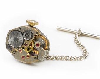 Steampunk Vintage Buren Watch Movement Tie Tack Pin Chain Clip