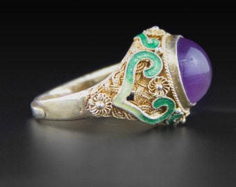 Vintage Amethyst Ring, Chinese Enamel Ring, Vermeil Ring, Gold Wash Over Sterling Silver Ring, Chinese Ring, Chinese Export, 70s Ring