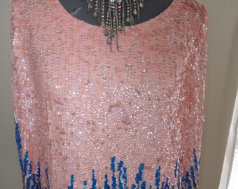 vintage sequin top, all sequinned top, all sequin top, pink sequin top, blue sequin top, pink evening top, retro sequin top,