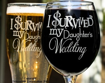 Parents Wedding Gift, I Survived My Daughters Wedding, Mom Dad Wedding Gift Glasses Gift for Inlaws Mother Father of the Bride