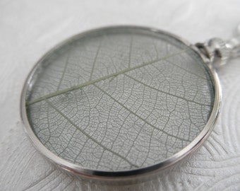 Spiritual, Delicate Green Skeleton Leaf Between Glass-Looking Glass Pendant-Symbolizes Peace,Tranquility,Serenity-Gifts Under 30