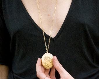 Large Gold Locket Necklace with Floral Crest, Reversible Locket Long Necklace, Huge Pendant, Gold Flowers, Raw Brass Locket