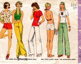 1970s Wrap Around Crop Top, Hip Hugger Pants or Shorts - Vintage Pattern Simplicity 6354 - Bust 34