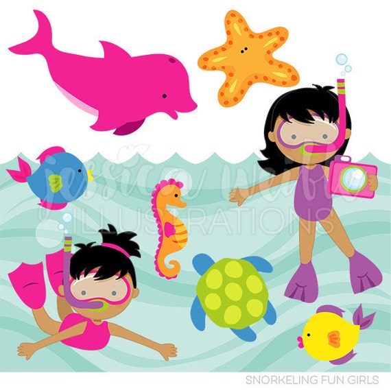 Snorkeling Fun Girls V2 Cute Digital Clipart for Card Design, Scrapbooking, and Web Design, Summer Swimming Clipart Il_570xn