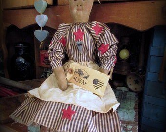 Patriotic Doll, Americana Doll, White Hair Doll, Primitive Doll, Country Rag Doll, Primitive Shelf Sit, Stars and Stripes, Wood Heart Button