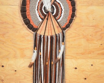 Unique 70's Extra Large Handmade Yarn Dream Catcher Brown & Orange Center With And Feather Beaded Detail And Fringe