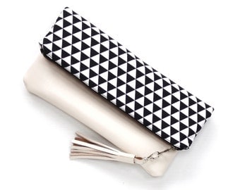 Leather Fold Over Clutch, Foldover Clutch, Black and White Triangle Print, Evening Clutch, Folded Handbag