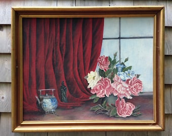 VINTAGE OIL PAINTING - Shabby Chic Roses against a velver curtain - 1900's midcentury FlOwer Oil on Board-sgned Gertrude Petkins