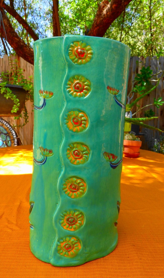 Tall Pottery Vase southwest decor teal glazed by RobinChladDesigns