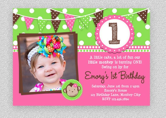 Girls Monkey Birthday Invitation, Girls Monkey Invitation , Printable Monkey Invitation, 1st Monkey Birthday Invitation Il_570xn