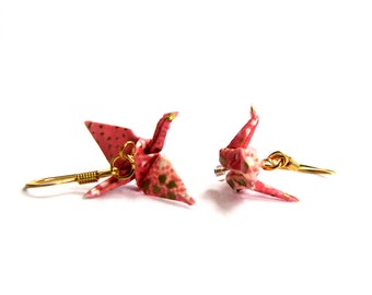 Tiny Origami Crane Earrings Pink with White and Gold Flecks 3/4"
