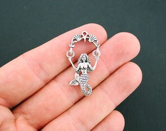 2 Mermaid Charms Antique Silver Tone 2 Sided - Connector Bar That Really Swings! - SC6095
