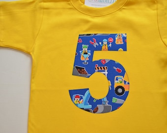 Construction 5th Birthday Tshirt, Boys Fifth Birthday Tee, Yellow and Blue, Construction Workers, Ready to Ship Short Sleeve Number 5 Trucks
