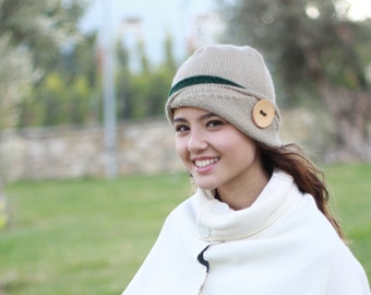 Womens gift for her, Knit hat, Womens beanie, Winter hat, Womens hat, Knit beanie hat, Winter beanie, Lucy Hat, Green hat, Hat with a button