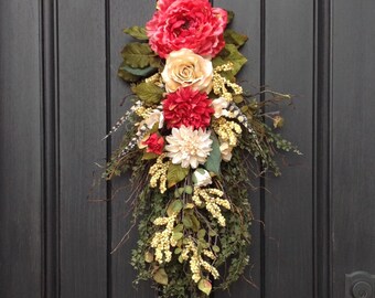 Spring Wreath Summer Wreath Teardrop Door Twig Swag Vertical Decor Pink Cream Floral Swag Wispy Wild Peony Feathers Indoor/Outdoor Swag