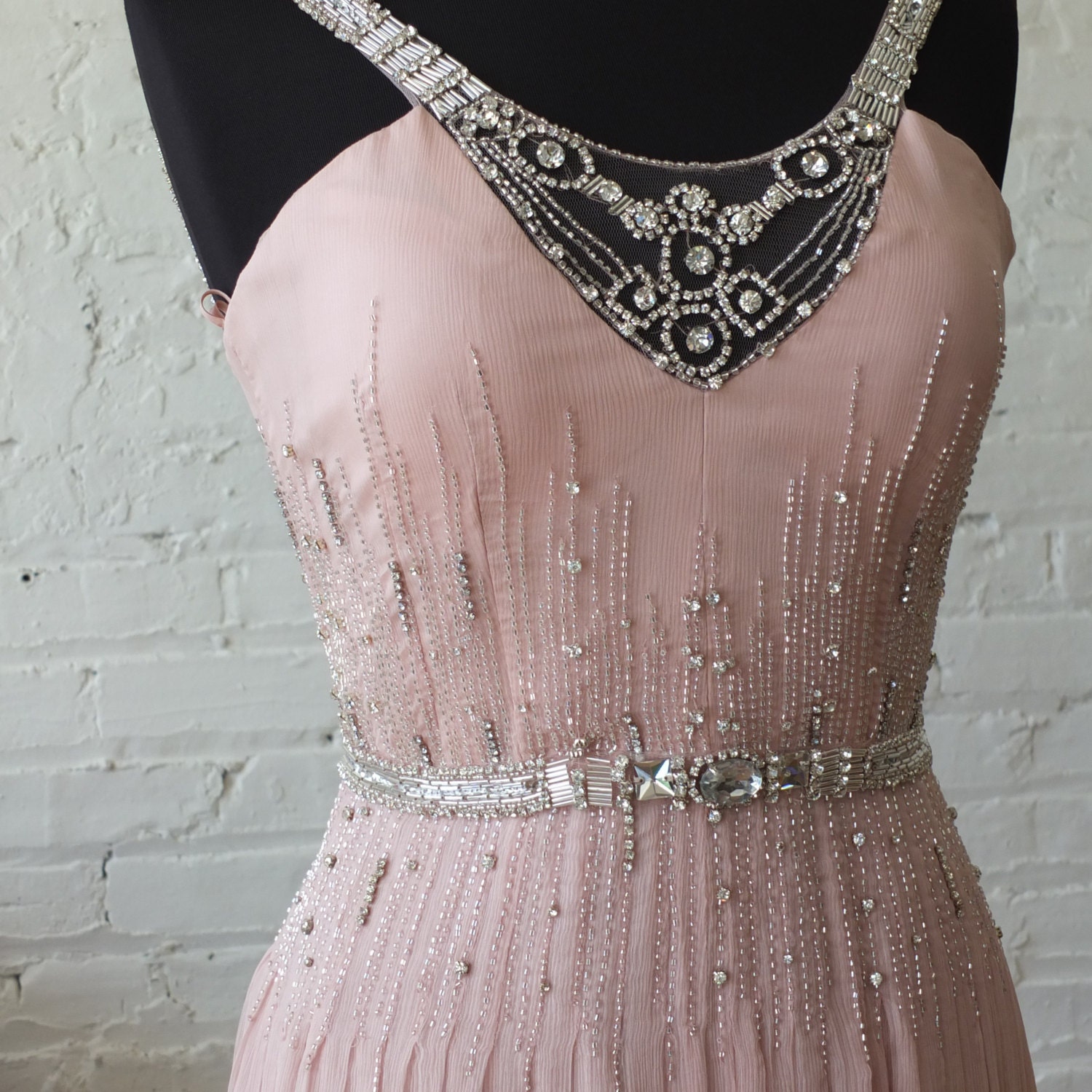 Rhinestone encrusted pale pink silk wedding dress evening gown
