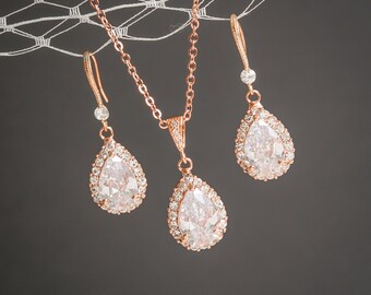 Rose Gold Wedding Jewelry SET, Crystal Bridal Jewelry Set, Wedding Earrings, Bridal Earrings, Pendant Necklace, CZ Teardrop Necklace, CELENA