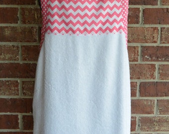 Baby Bath Apron Towel, White with Pink Chevron and Polka Dots With or Without Monogram