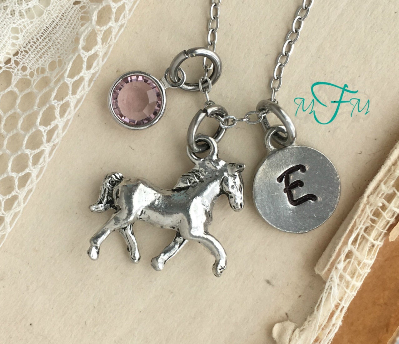 Horse Charm Necklace Personalized Necklace Silver Pewter