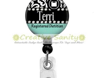 Retractable Badge Holder, Personalized Black Damask Registered Dietitian, Choice of Badge Reel, Carabiner, Lanyard or Stethoscope ID Tag