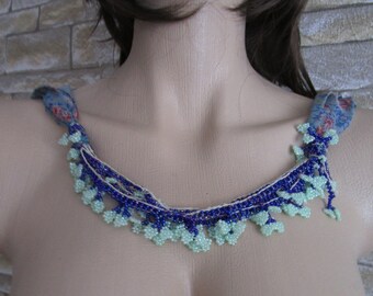 Blue beaded necklace scarf Infinity scarf Loop scarf.