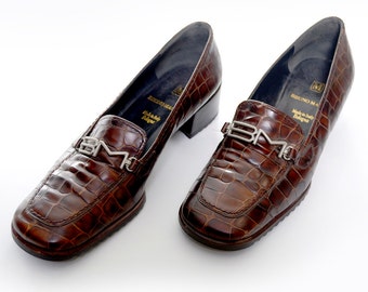 90's Bruno Magli faux crocodile loafers / 1990s women's brown loafers / vintage Italian leather loafers / size 37