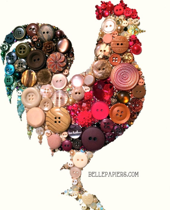 Rooster Kitchen Decorations 11x14 Button Art Rooster