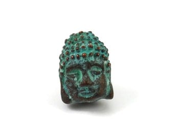 Buddha Head Bead - 12mm Green Patina - Charm or Pendant
