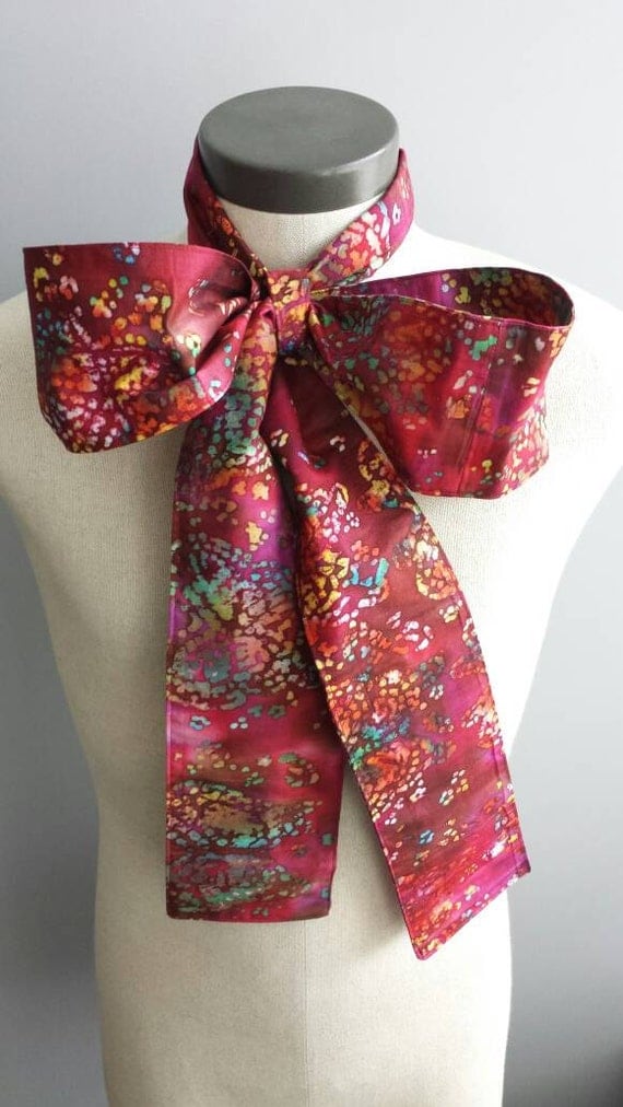 Upcycled Clothing Mad Hatter Bow Tie, Alice in Wonderland, Burgundy Cotton Rainbow Batik Print Costume Accessory by enduredesigns steampunk buy now online