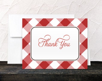 Red Thank You Cards - Gingham Country Southern Red and White Pattern - Printed Thank You Cards