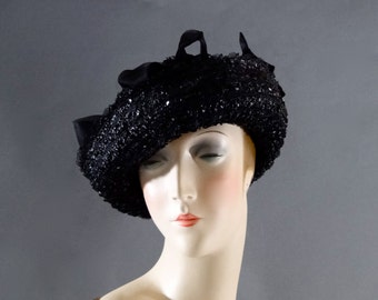 Black Straw Boater Hat - Tiny Bows on Crown and Horsehair Lace on Brim - Women's Vintage Accessories 1960's