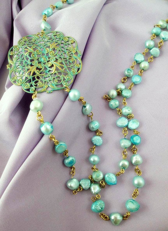 jessycat - multi strand patina brass pendant necklace with aqua blue ...