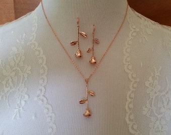BRIDAL BRIDESMAIDS Rose Gold Necklaces Single Stem Rose Bride Mother of Bride Set of 1 2 3 4 5 6 Gift Idea Wedding Crystal Feminine Romantic